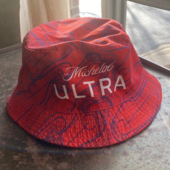 Michelob Ultra PromotionalRed Reversible Bucket Hat with Blue Golf Course Print - Picture 3 of 6